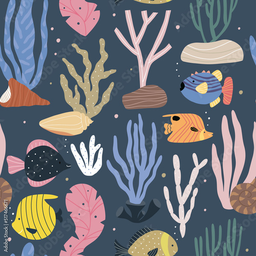 Marine seamless pattern. Vector background with sea inhabitants on a dark background. Marine children's wallpaper in cartoon style.
