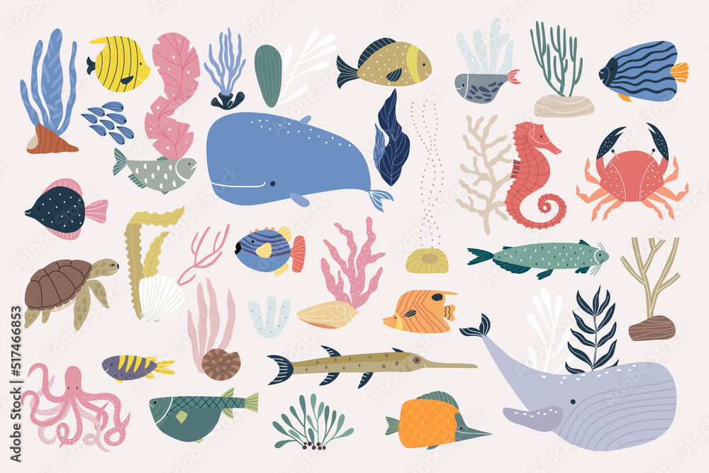 Underwater world is a set of elements isolated on a white background. Hand-drawn illustration.
