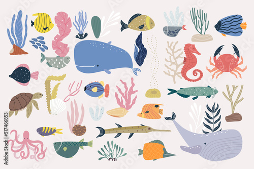 Underwater world is a set of elements isolated on a white background. Hand-drawn illustration.