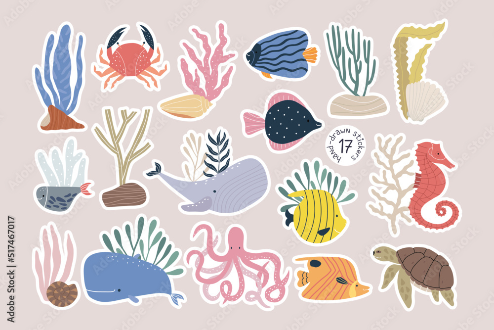 Fototapeta premium A set of stickers with marine animals. Beautiful children's clipart in cartoon style.
