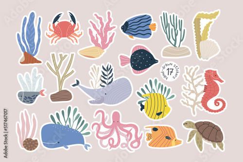 A set of stickers with marine animals. Beautiful children's clipart in cartoon style.