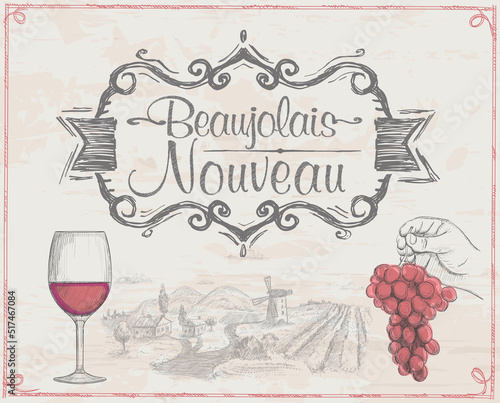 Beaujolais nouveau vector banner concept with old style emblem