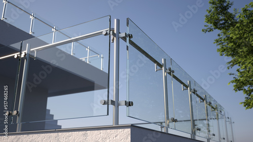 Fotografie, Tablou Modern stainless steel railing with glass panel, 3D illustration