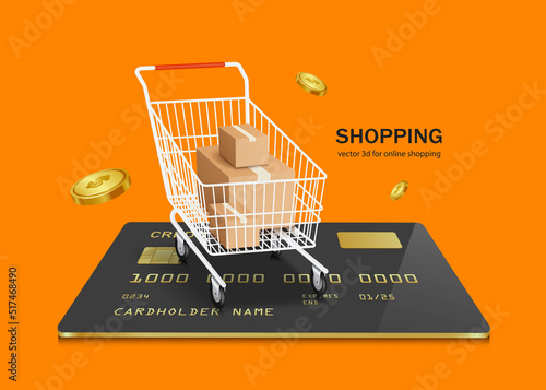 Multiple parcel boxes placed in shopping cart and all object on black credit card with gold border and there are gold coins floating around,vector 3d isolated on orange background for shopping concept