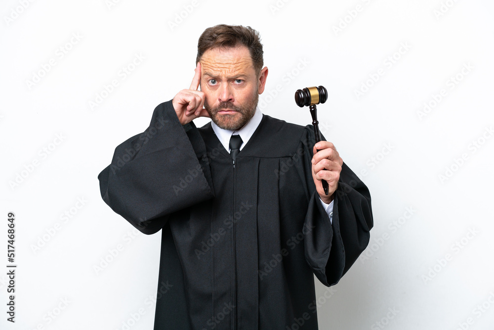 Middle age judge man isolated on white background thinking an idea Middle age judge man isolated on white background thinking an idea