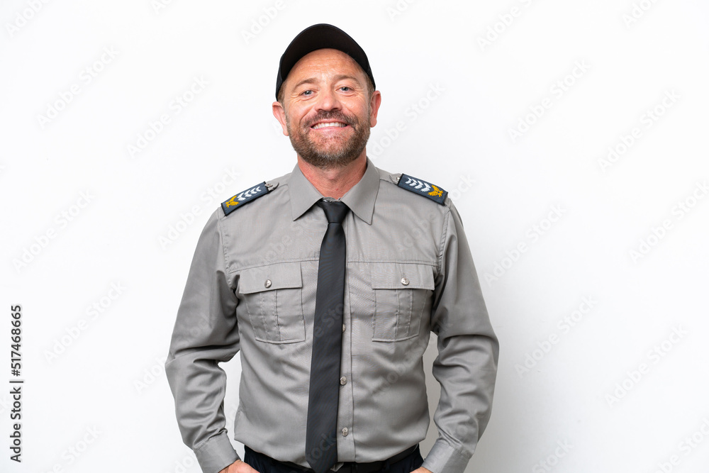 Middle age security man isolated on white background laughing Middle age security man isolated on white background laughing
