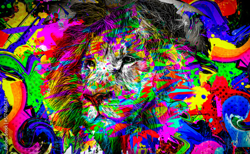 Lion head with colorful cre...