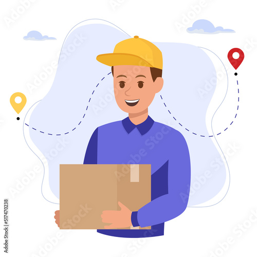 Delivery man holding a parcel box. Delivery service, fast and free shipping. Vector illustration in flat style