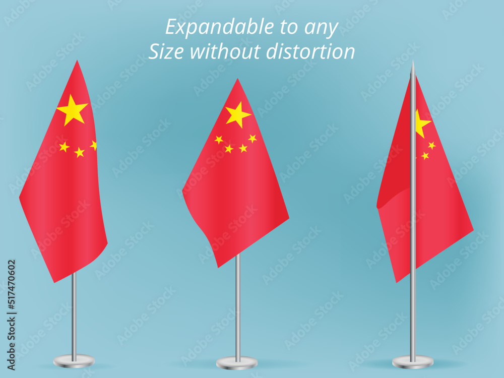 Flag of China with silver pole.Set of China's national flag Flag of China with silver pole.Set of China's national flag