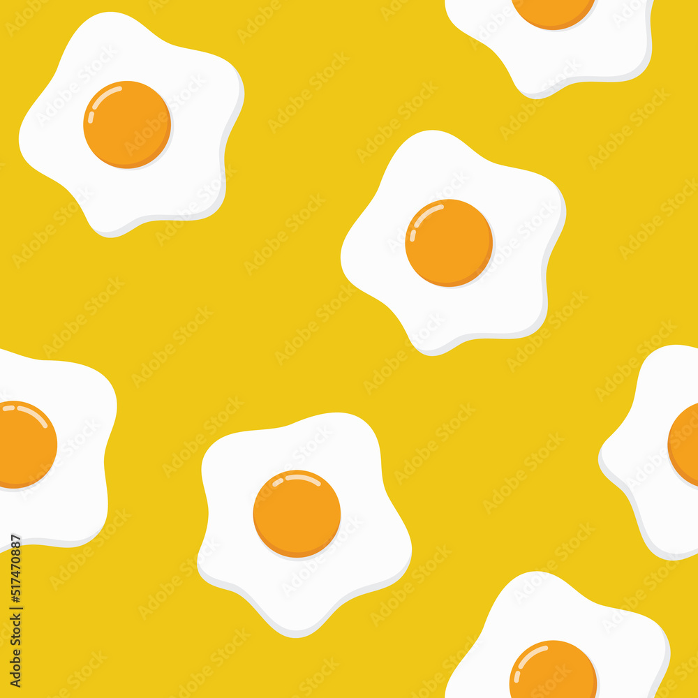 Seamless pattern fried eggs on yellow background. Vector illustration