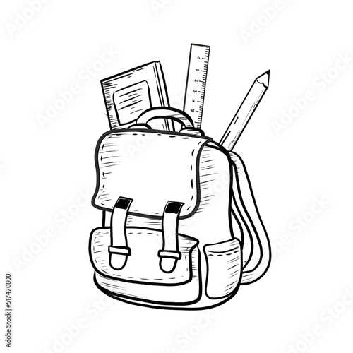 Vector hand drawn illustration of green school bag. Hand drawn colorful stationary bag sketch of the knapsack with pencil and ruler. Back to School and Education Concept Illustration.