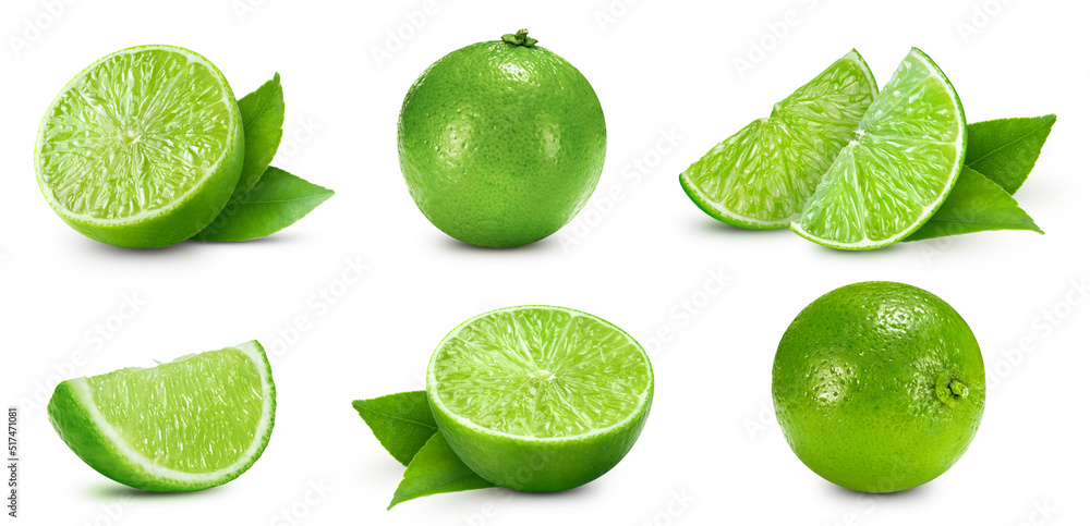 Collection lime isolated on white background. Taste lime with leaf. Full depth of field with clipping path