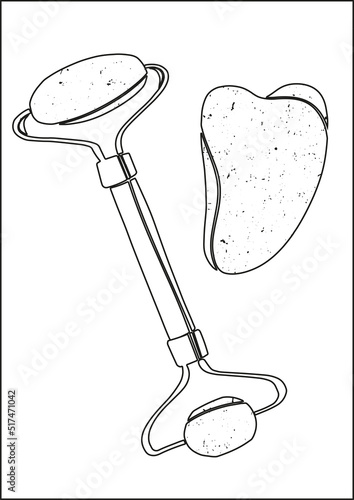 Vector illustration of massage roller and gouache scraper for facial massage. Beautiful illustration in a linear style.