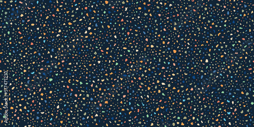 Marble pattern with terrazzo flooring seamless texture. Dark blue classic paving composed of pieces of granite, quartz, glass and stone. Abstract wall background. Retro venetian stone material