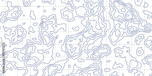 Topography blue map seamless pattern with grid on white background. Abstract topographic curves. Outline topology land or underwater relief texture. Vector illustration.