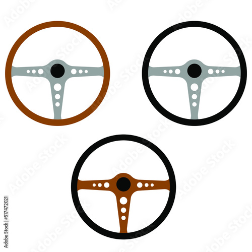 Steering wheel retro car icon isolated on white background. Car wheel control silhouette, Antique wooden classic car auto part driving in flat style. Vector illustration