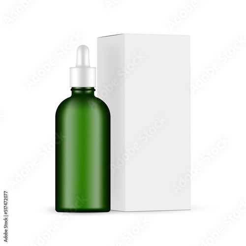 Green Glass Dropper Bottle With Paper Box Mockup, Side View, Isolated on White Background. Vector Illustration
