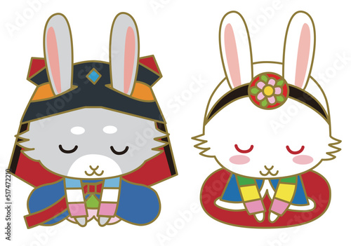 韓服で挨拶をする2匹のうさぎのキャラクター、卯