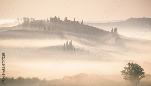 Mglisty wschód słońca val d orcia Toskania Włochy photo