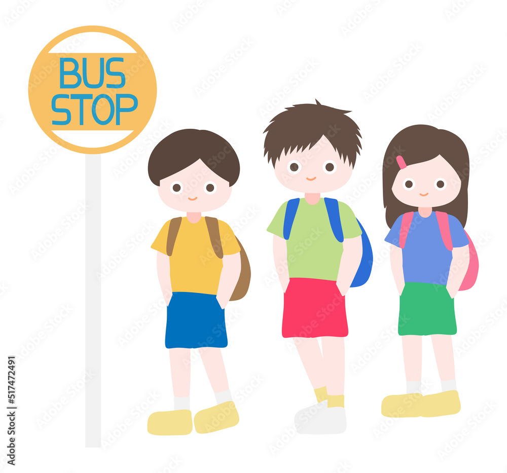 Cartoon cute little children set, waiting bus and standing with their hands in pocket. Child back to school series. Isolated on white background, vector, illustration, EPS10