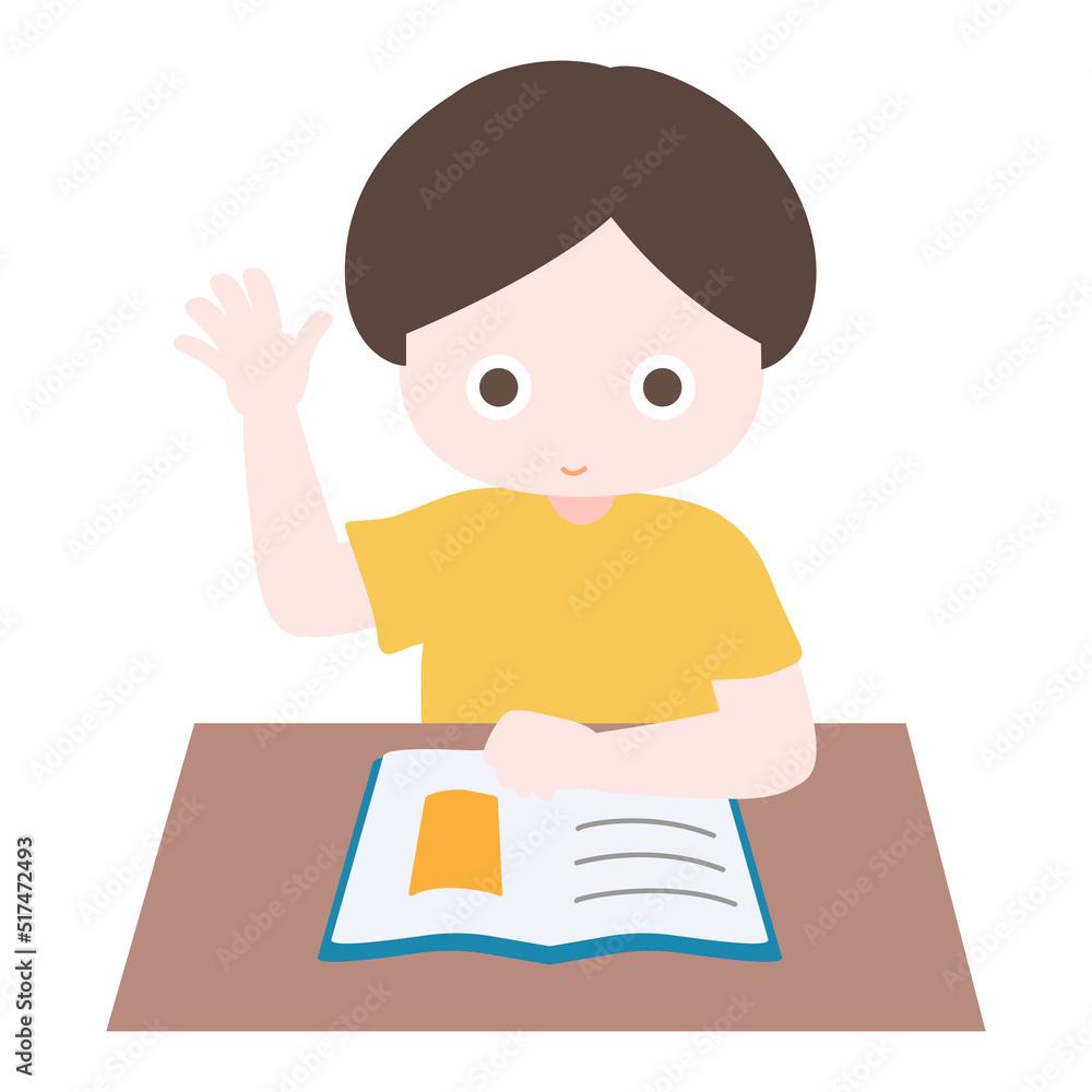 Cartoon cute little boy reading book and raising his hand for questions in classroom. Child back to school series. Isolated on white background, vector, illustration, EPS10 Cartoon cute little boy reading book and raising his hand for questions in classroom. Child back to school series. Isolated on white background, vector, illustration, EPS10