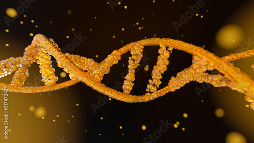 Abstract Gold DNA molecule from particles. Designed in Premium Lineage or rare species concept. can be used in education, science or medicine industry background. 3D Render.