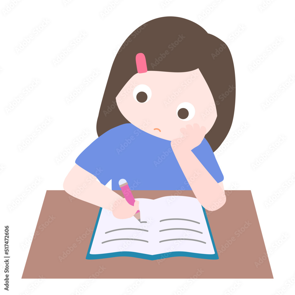 Cartoon cute little girl focus on reading book and writing notes in classroom. Child back to school series. Isolated on white background, vector, illustration, EPS10