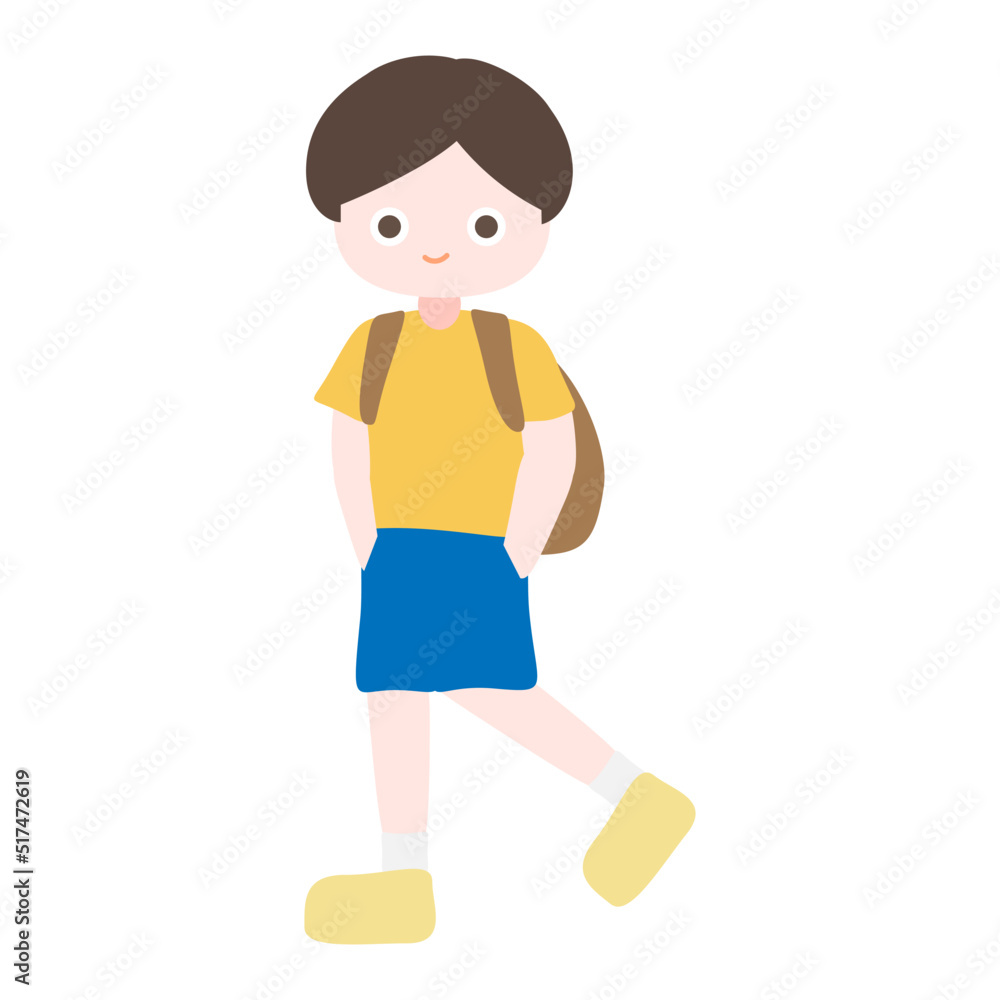 Cartoon cute little boy walking with his hands in his pocket. Child back to school series. Isolated on white background, vector, illustration, EPS10