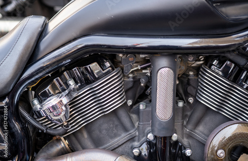 The shining motor of the motorbike. Close up shot