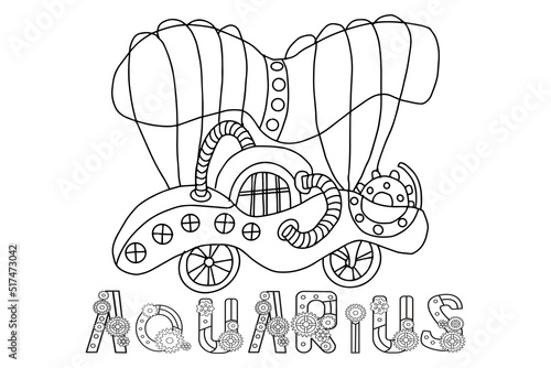 Steampunk-style airship in the form of a Aquarius. Illustration with lettering of the zodiac sign Aquarius in steampunk style, drawn in a linear doodle style. For a calendar or coloring book.