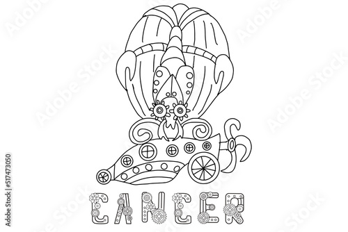 Steampunk-style airship in the form of a cancer. Illustration with lettering of the zodiac sign cancer in steampunk style, drawn in a linear doodle style. For a calendar or coloring book.