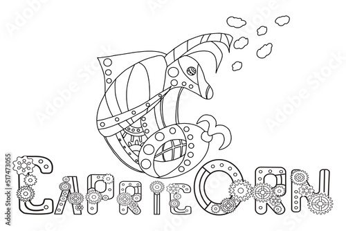 Steampunk-style airship in the form of a capricorn. Illustration with lettering of the zodiac sign Capricorn in steampunk style, drawn in a linear doodle style. For a calendar or coloring book.