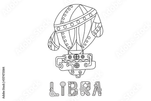 Steampunk-style airship in the form of a libra. Illustration with lettering of the zodiac sign libra in steampunk style, drawn in a linear doodle style. For a calendar or coloring book.