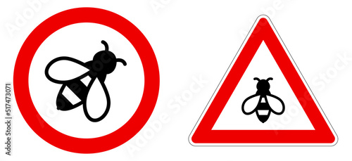 Bee icon in red circle and triangle - bees warning sign