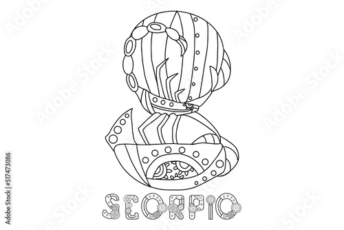 Steampunk-style airship in the form of a scorpio. Illustration with lettering of the zodiac sign scorpio  in steampunk style, drawn in a linear doodle style. For a calendar or coloring book.