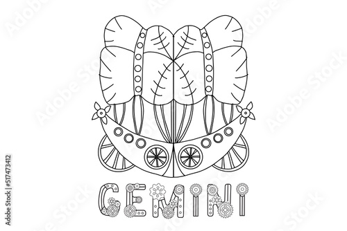 Steampunk-style airship in the form of a gemini. Illustration with lettering of the zodiac sign gemini in steampunk style, drawn in a linear doodle style. For a calendar or coloring book.