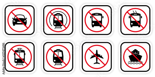 Forbidden Train, Trolley, Car, Motorcycle, Tram, Bicycle, Plane, Bus, Ship Black Silhouette Icon Set. Prohibited Transport Station Sign. Road Red Stop Circle Symbol. Isolated Vector Illustration