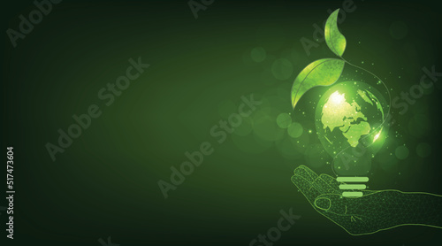 Futuristic sustainable energy concept. glowing low polygonal green leaf surround of electric light bulb on  green background.green energy. vector illustration.