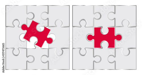 White puzzle with red piece in the middle. Vector design.