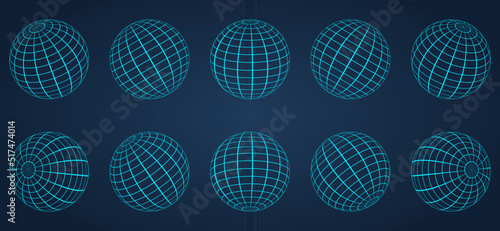 3D Blue Globe Grid Sphere Set on Dark Background. Geometric Round Grid Mesh Ball. Wireframe Globe Surface. Wire Global Earth Latitude and Longitude. Wired Line 3D Planet Globe. Vector Illustration