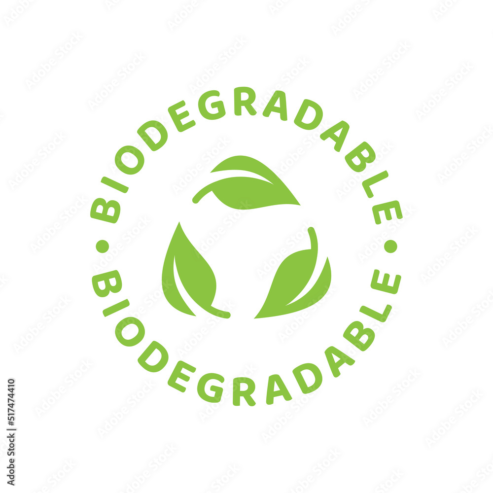 Biodegradable label in green with leaf and circle. Eco packaging