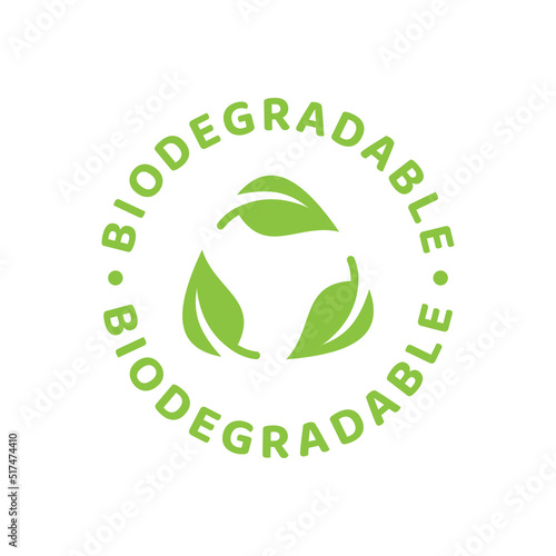 Biodegradable label in green with leaf and circle. Eco packaging recyclable symbol.