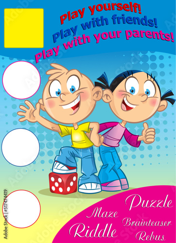 The vector illustration shows the cover design of a children's magazine with riddles, puzzles, mazes and games.