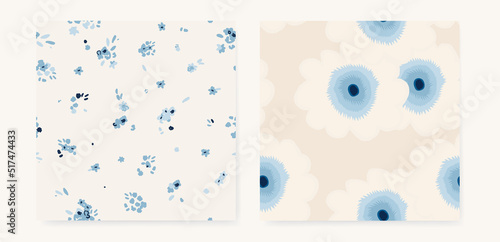 Hand drawn bright blue simple abstract floral print. Minimalist trendy pattern set. Fashionable template for design.