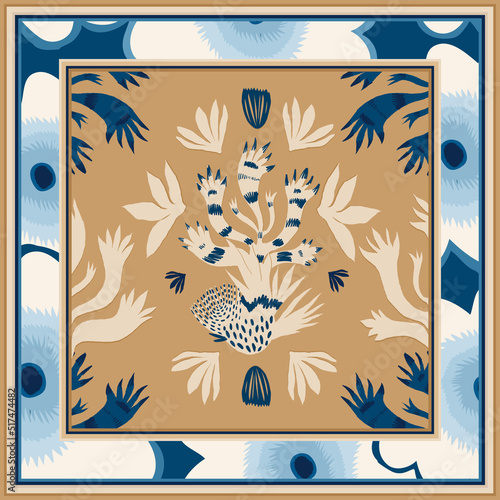 Modern ethnical style scarf design with artistic flowers illustration. Abstract fashionable vector template for your design.