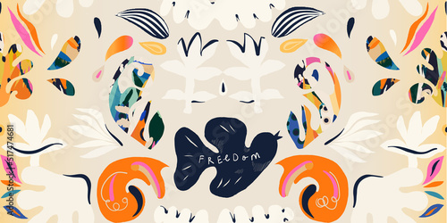Hand drawn ethnic abstract floral pattern. Collage contemporary print. Fashionable template for design. Sign "FREEDOM".