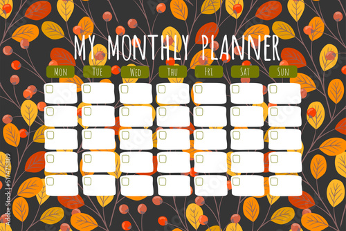 Vector autumn leaves hand drawn monthly planner, schedule template. 