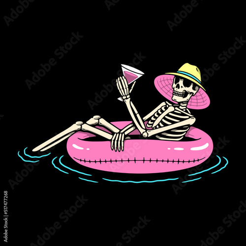 SIPPING ON BOOZE SKELETON FLOATS ON AN INFLATABLE RING COLOR BLACK BACKGROUND