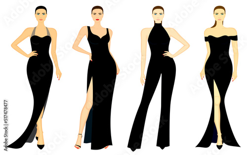 Fashion illustration of pretty young ladies with slim body shape in evening attire, vector set in color, isolated, on white background.