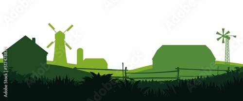 Rural farm. With fields, pastures and buildings. Picture silhouette. Breeding domestic farm animals and plants. Isolated on white background. Vector